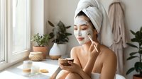 Young Asian woman applying natural face mask in bright bathroom with towel on head enjoying spa skincare routine at home.