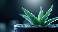 Fresh green aloe vera plant with water drops and morning dew on spiky leaves against dark background, macro photography showing natural moisturizing concept.