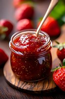 Fresh strawberry jam in glass jar with spoon surrounded by ripe berries on wooden board, macro food photography with selective focus.