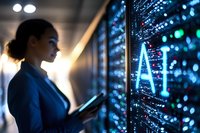 Young female IT specialist in blue blazer examining artificial intelligence visualization on digital screen in modern data center server room.