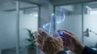 Elderly hands holding glowing holographic DNA double helix in modern medical laboratory for genetic research and biotechnology innovation.