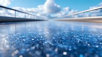 Wet blue surface with water drops and metal railings against cloudy sky, low angle perspective creating dramatic depth and reflection for modern design.