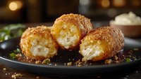Golden fried cheese balls with crispy breadcrumb coating served on dark plate, creamy melted center visible, garnished with herbs for appetizer menu.
