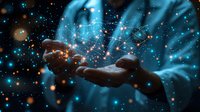 Glowing network connections float above outstretched dark hands against starry cosmic background with blue light rays and particles, representing digital transformation.