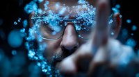 Close up portrait of Asian man in glasses surrounded by glowing blue particles and light effects, creating mysterious technological atmosphere. Dark background.