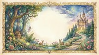 Enchanted fairy tale landscape with castle on hill, magical forest, deer, ornate golden frame border for storybook illustration and fantasy design projects.