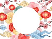 Asian lunar new year frame with red lanterns, cherry blossoms, clouds and fan elements on white background for festive greeting cards and celebrations.