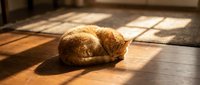 Ginger tabby cat resting on wooden floor in sunlight, relaxed pet lounging indoors for home and lifestyle content.