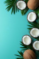Fresh coconuts and palm leaves arranged on turquoise background creating frame with copy space. Tropical summer food concept for healthy eating and recipes.