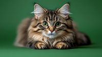 Adorable long-haired tabby cat with bright green eyes and fluffy fur lying on green background, looking directly at camera with alert expression. Studio portrait.