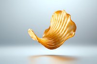 Crispy potato chip with wavy ridges floating in air against light background, showcasing golden texture and natural shadows for food advertising.