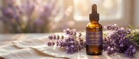 Lavender essential oil bottle with fresh purple lavender flowers on wooden surface in soft natural light for aromatherapy and wellness applications.