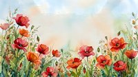 Watercolor poppy field with red and orange flowers blooming in spring meadow against soft pastel sky background for botanical art and nature designs.