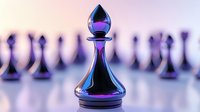 Chess bishop piece in focus with blurred chess pieces in background, illuminated by purple and blue gradient lighting for strategic game concept.