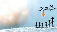 Minimalist silhouettes of children and adult holding hands on snowy ground with flying birds and sun, depicting family unity, care and hope in winter setting.