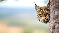 Wild bobcat peering from behind tree trunk in natural habitat, close up portrait showing distinctive facial markings and alert expression against blurred nature background.