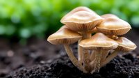 Cluster of honey fungus mushrooms growing in dark soil against blurred green background, macro nature photography showing delicate gills and stems.