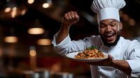 African American male chef celebrating with enthusiasm while presenting pasta dish with sauce in restaurant kitchen, professional culinary atmosphere with bokeh lights.