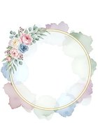 Floral frame with roses, peonies, and eucalyptus on watercolor background with gold circle border, isolated on white for invitations and design projects.