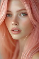 Close-up portrait of young woman with pink hair, green eyes, and natural freckles against coral background. Soft beauty makeup and glowing skin create ethereal look.