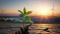 Green plant seedling growing through cracked earth with solar panels and wind turbines at sunset symbolizing renewable energy and environmental hope.