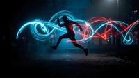 Athletic man running through dynamic light trails in urban night setting with glowing blue and red energy waves creating motion blur effect for sports concepts.