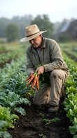 Senior Caucasian farmer harvesting fresh organic carrots from vegetable garden field wearing hat and work clothes for sustainable agriculture concept.