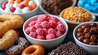 Sweet pink candy balls and assorted confectionery including chocolate donuts, sprinkled pastries and colorful candies in white ceramic bowls on dark background.