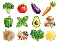 Broccoli, tomato, eggplant, carrot, bell pepper, basil, avocado, mushrooms, grains, nuts, berries, parsley and lemon isolated on white background for cooking, recipe, nutrition and healthy eating design projects.