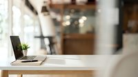 Modern workspace with laptop and plant on wooden desk in bright contemporary office interior with blurred background for productivity and business concepts.