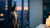 Businesswoman in gray blazer standing by floor-to-ceiling windows overlooking city skyline at dusk, modern office interior with desk lamp, corporate workspace environment.