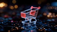 Shopping cart on dark background with glowing bokeh lights and reflective surface, concept of online shopping and e-commerce business.