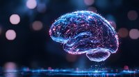 Glowing brain visualization with neural network connections in blue and pink neon colors against dark background with bokeh lights. Digital neuroscience concept.