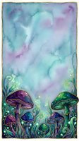 Watercolor fantasy forest floor with whimsical mushrooms in purple and green tones, swirling vines, and magical bubbles. Isolated artwork on textured background, ready for design projects.