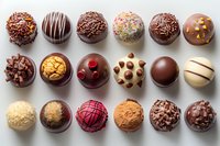 Assorted luxury chocolate truffles and pralines with various toppings and decorations arranged in neat rows on light background, top view food photography.
