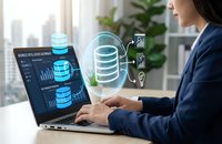 Professional businesswoman analyzing database management system with holographic data visualization on laptop in modern office environment.