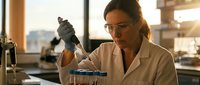 Female scientist in white lab coat using pipette in modern laboratory conducting research experiment with precision instruments and glassware.