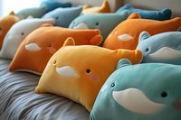 Adorable animal-shaped plush pillows in soft pastel colors arranged on bed, perfect for children's room decor and cozy home interior design.