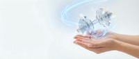 Hand holding transparent spheres with glowing blue energy waves and pink light effects, representing innovation, technology, and digital transformation for business concepts.