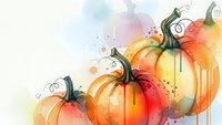 Watercolor pumpkins with decorative swirls on white background for autumn harvest thanksgiving seasonal design projects and fall decorations.
