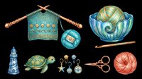 Knitting and crochet tools clipart set isolated on transparent background, featuring yarn, needles, scissors, turtle, lighthouse, shells, ready for stickers and print on demand.