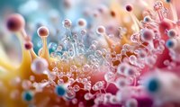 Microscopic view of colorful molecular structures with spherical particles and crystalline formations against blurred rainbow background, scientific research concept.