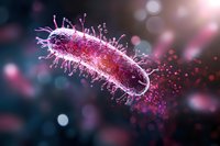 Pink glowing bacteria cell with detailed surface proteins and receptors floating in dark microscopic environment with bokeh light effects and particles.