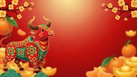 Chinese New Year red bull with golden coins and plum blossoms on gradient background for lunar celebration and prosperity wishes.