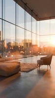 Modern luxury apartment interior with floor-to-ceiling windows overlooking city skyline at sunset. Warm golden light illuminates contemporary furniture and decor.