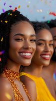 Happy African American women celebrating with colorful confetti at festive party event wearing glamorous sequined dresses and bright smiles.