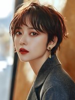 Young Asian woman with short brown hair and red lipstick wearing gray blazer looking at camera with confident expression in modern office setting.