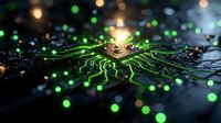 Glowing green circuit board paths with bokeh light effects radiating from central processor chip, macro photography showing technology infrastructure detail.