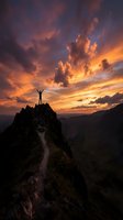 Silhouette of a person standing on a rocky mountain peak with arms raised against a dramatic fiery sunset sky.