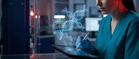 Female scientist in teal scrubs analyzing holographic DNA double helix structure on tablet in modern laboratory for genetic research and biotechnology applications.